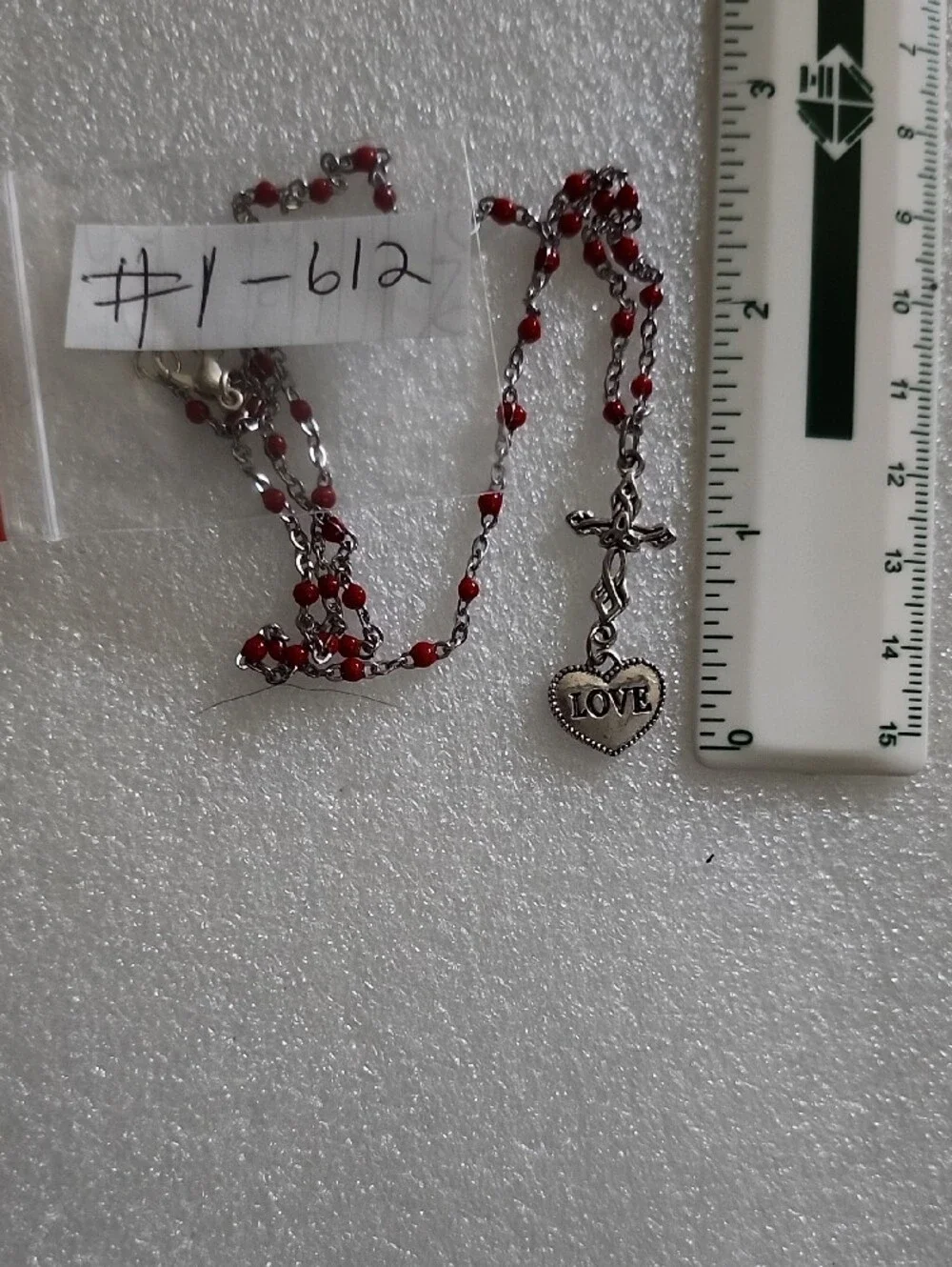 Hand Crafted Silver-Tone Cross with Red Beaded Chain and LOVE Heart Charm